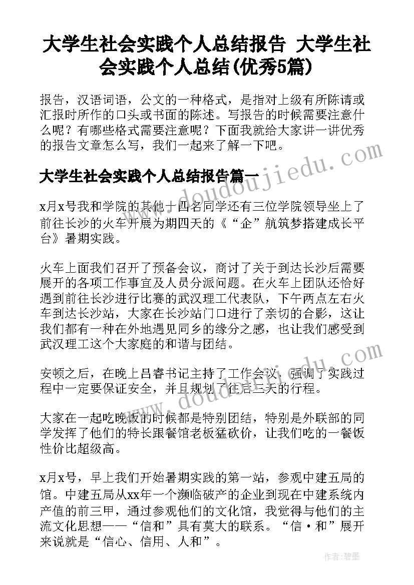 大学生社会实践个人总结报告 大学生社会实践个人总结(优秀5篇)