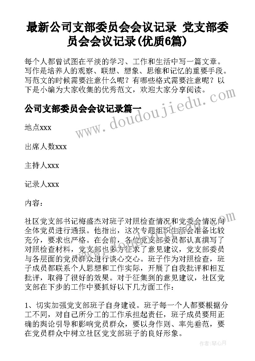 最新公司支部委员会会议记录 党支部委员会会议记录(优质6篇)