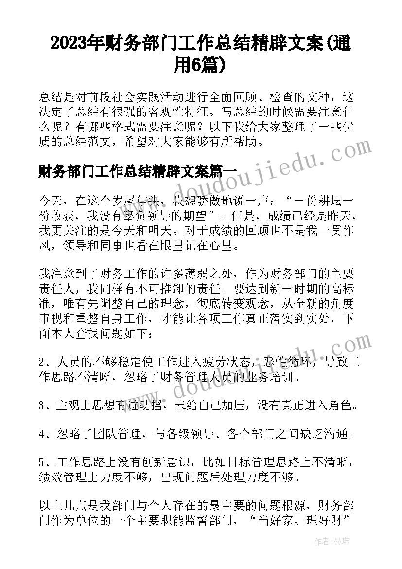 2023年财务部门工作总结精辟文案(通用6篇)