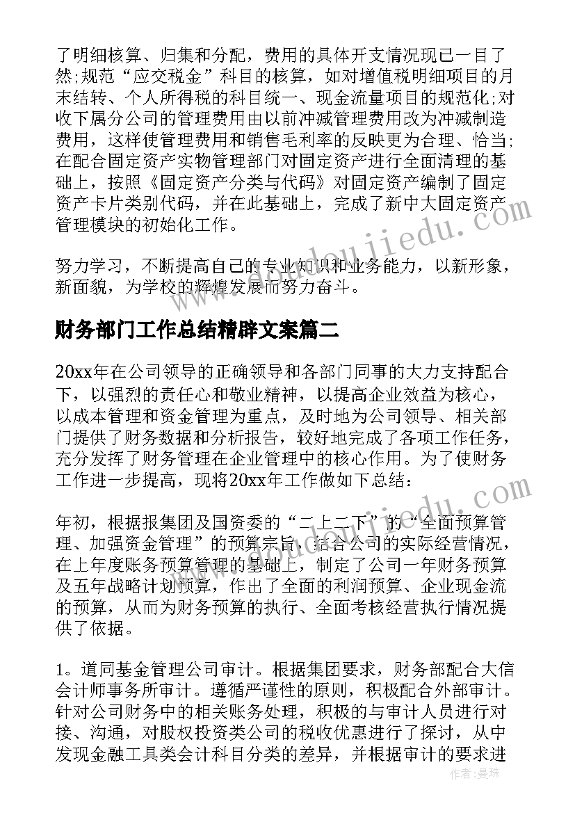 2023年财务部门工作总结精辟文案(通用6篇)