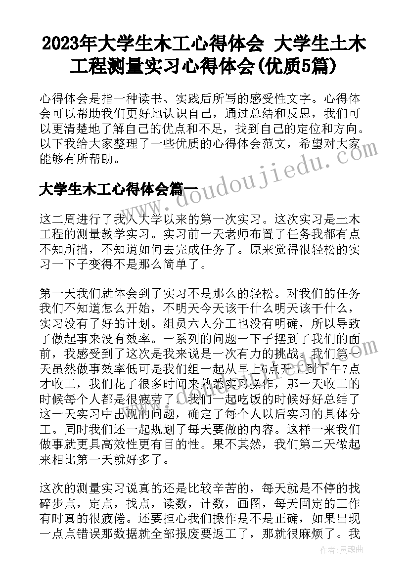 2023年大学生木工心得体会 大学生土木工程测量实习心得体会(优质5篇)