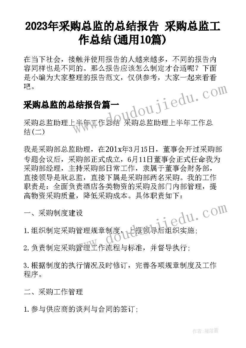 2023年采购总监的总结报告 采购总监工作总结(通用10篇)