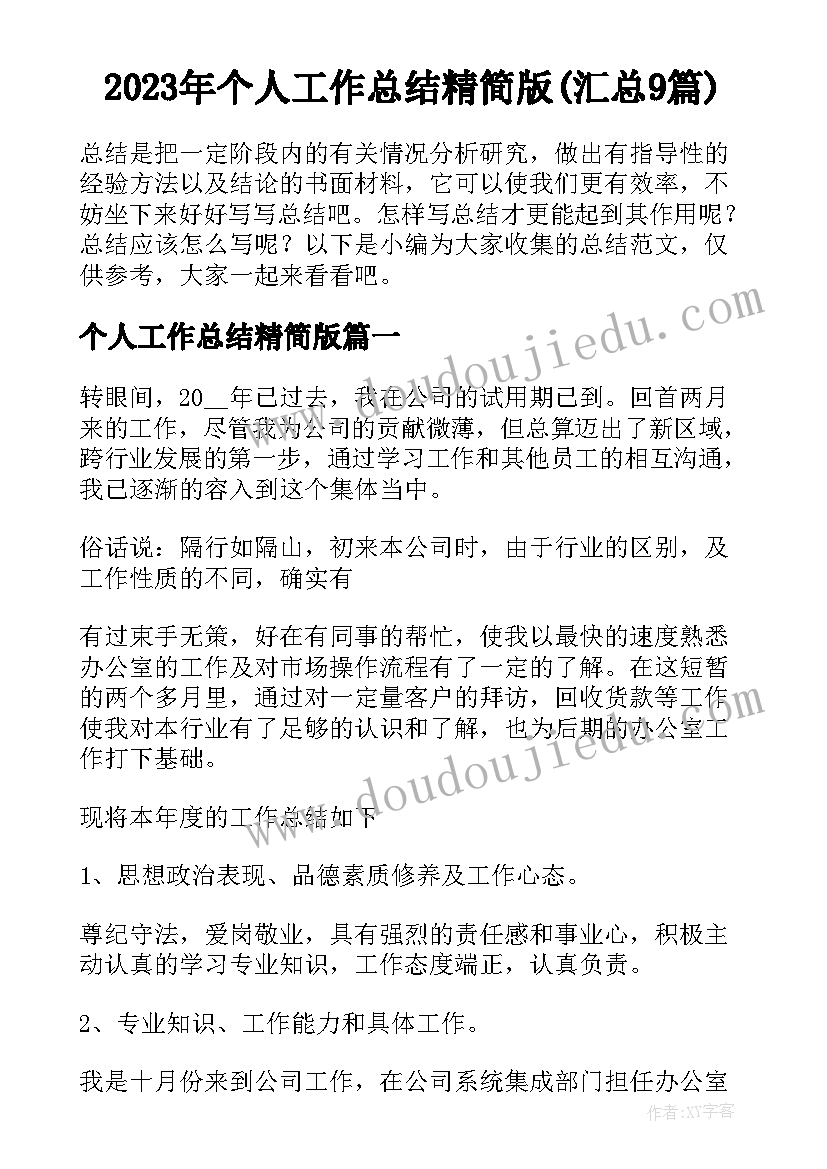 2023年个人工作总结精简版(汇总9篇)