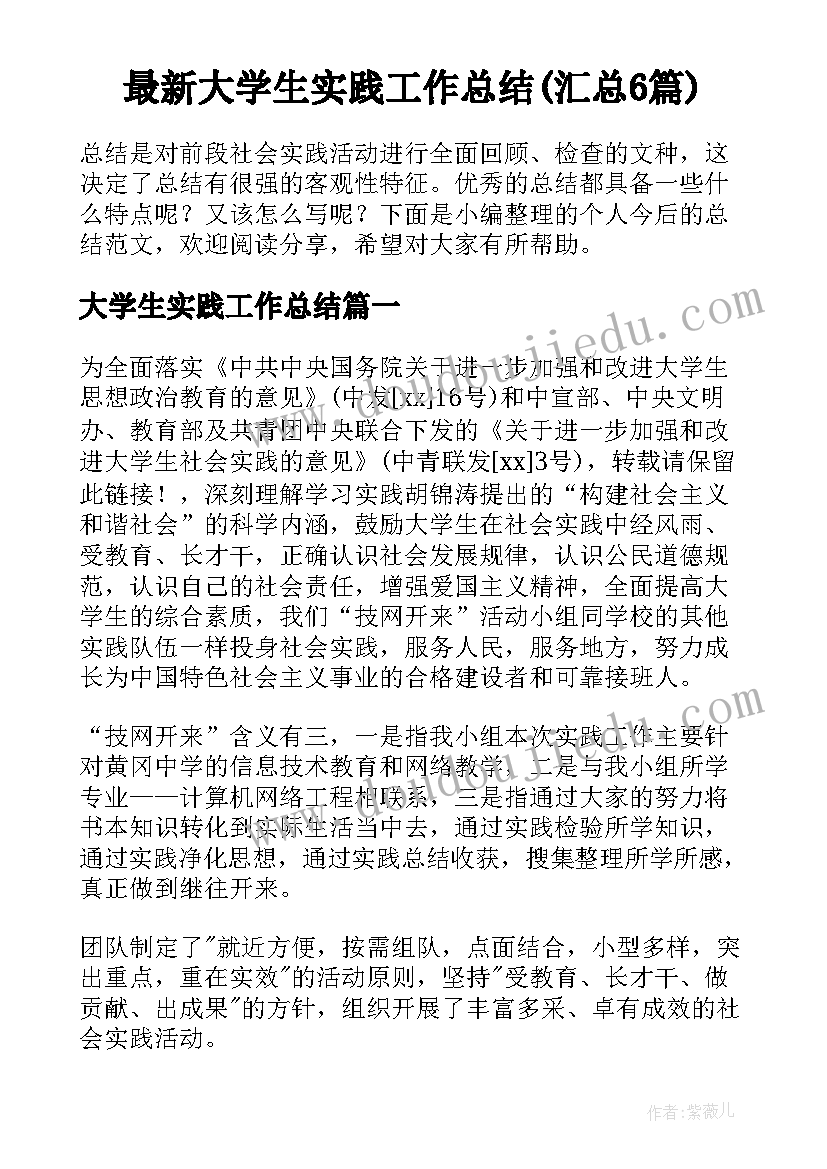 最新大学生实践工作总结(汇总6篇)