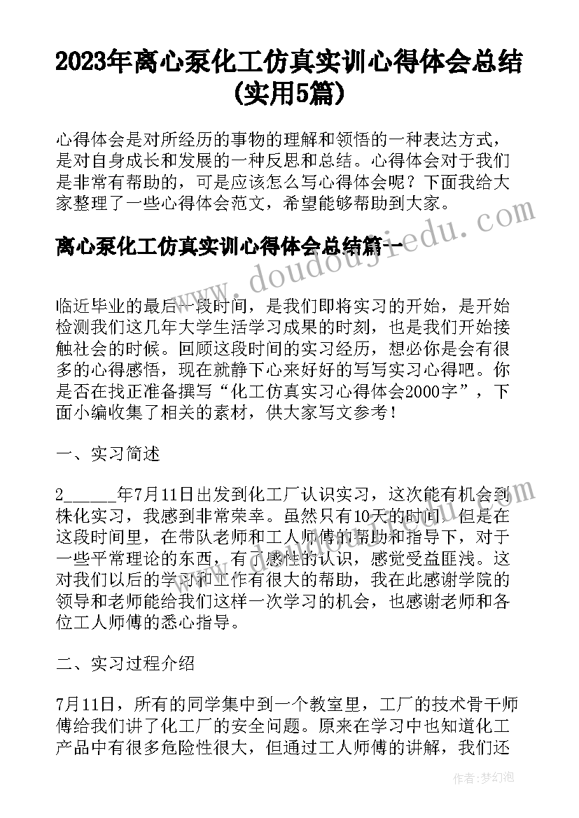 2023年离心泵化工仿真实训心得体会总结(实用5篇)