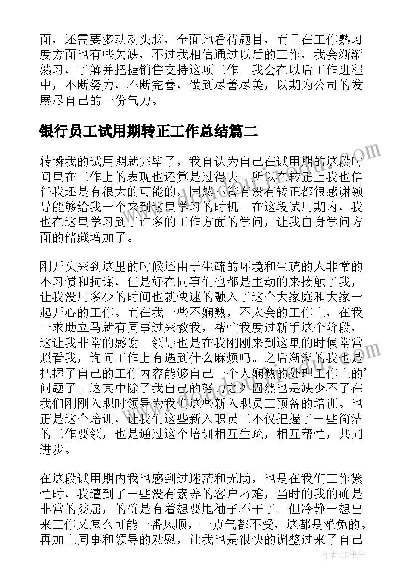 最新银行员工试用期转正工作总结(大全8篇)