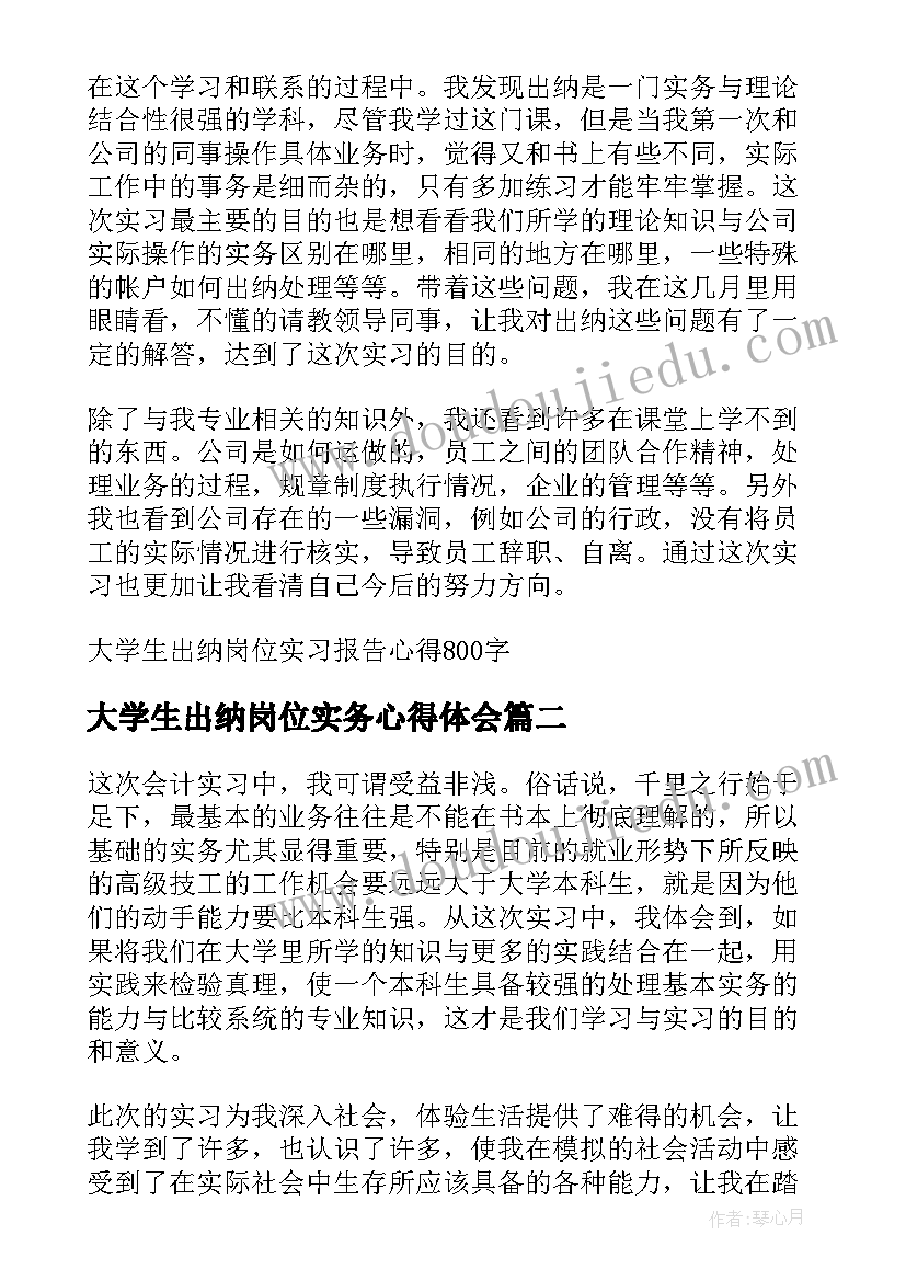 最新大学生出纳岗位实务心得体会(实用5篇)