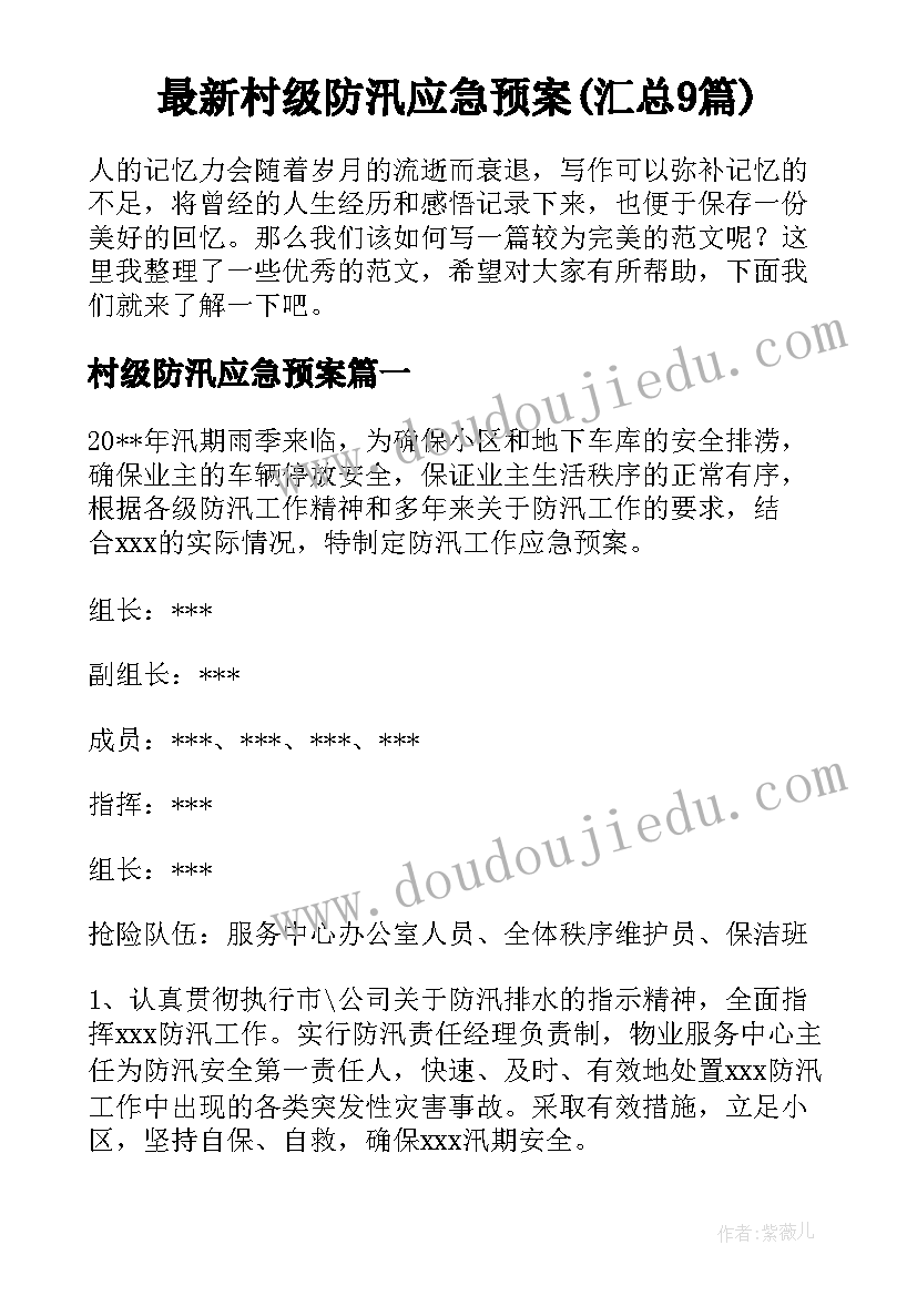 最新村级防汛应急预案(汇总9篇)