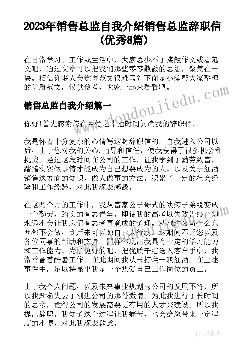 2023年销售总监自我介绍 销售总监辞职信(优秀8篇)