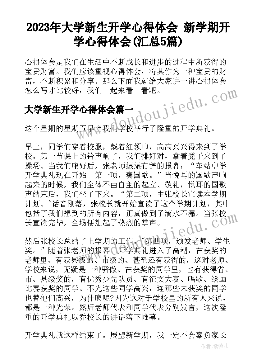 2023年大学新生开学心得体会 新学期开学心得体会(汇总5篇)