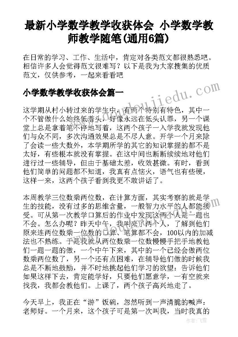 最新小学数学教学收获体会 小学数学教师教学随笔(通用6篇)