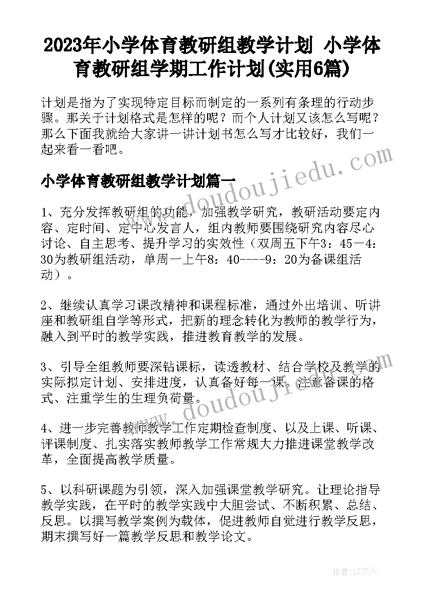 2023年小学体育教研组教学计划 小学体育教研组学期工作计划(实用6篇)