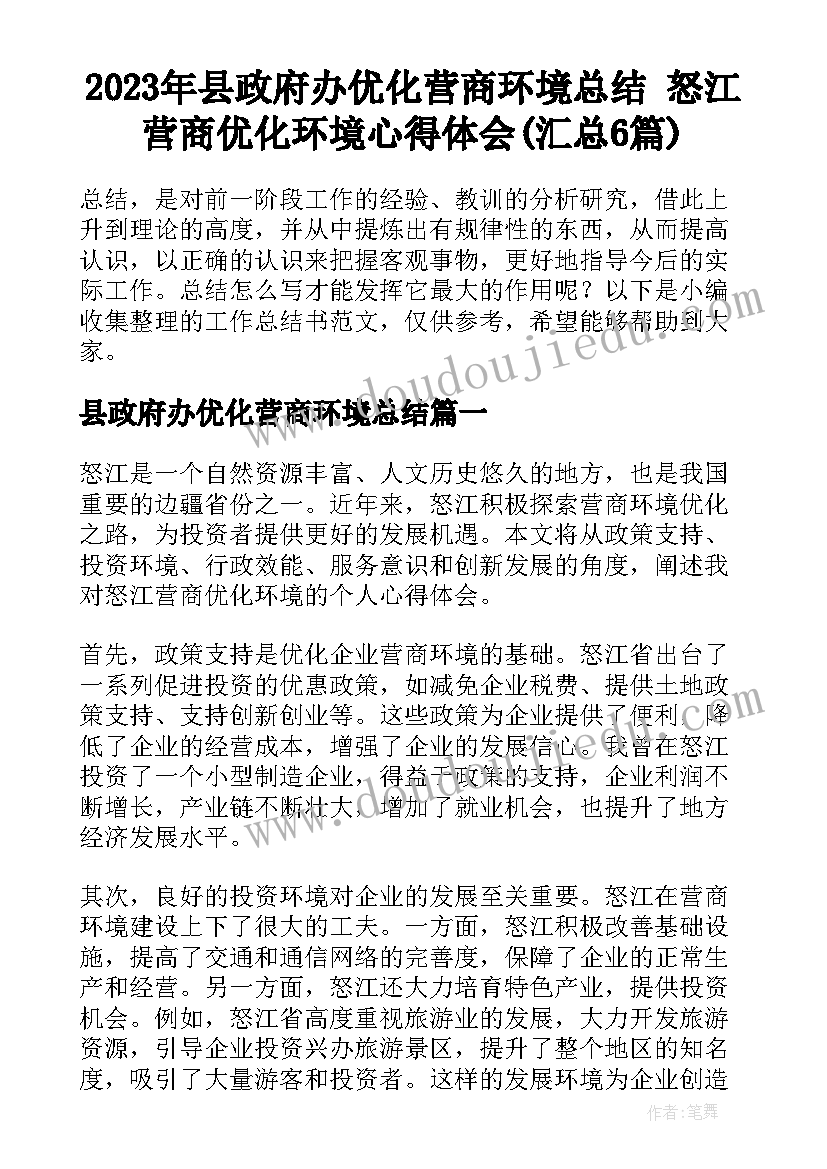 2023年县政府办优化营商环境总结 怒江营商优化环境心得体会(汇总6篇)