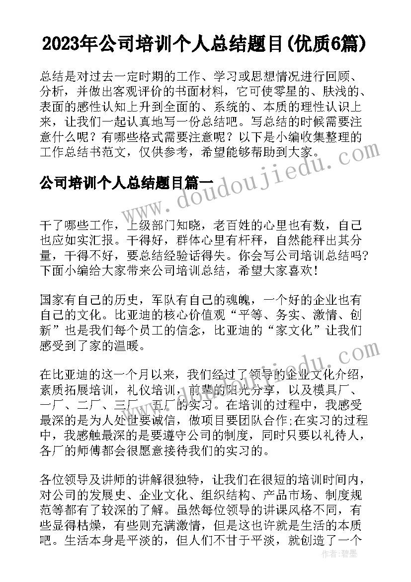 2023年公司培训个人总结题目(优质6篇)