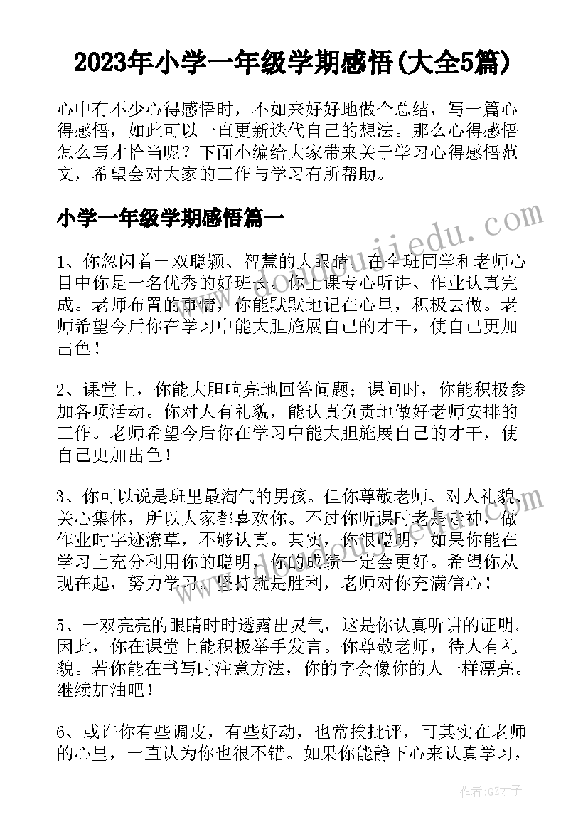 2023年小学一年级学期感悟(大全5篇)