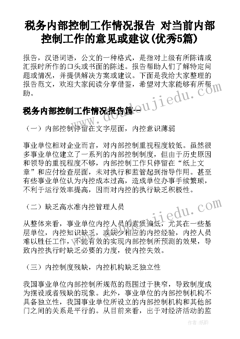 税务内部控制工作情况报告 对当前内部控制工作的意见或建议(优秀5篇)