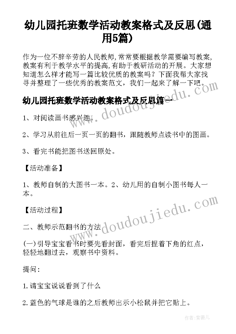 幼儿园托班数学活动教案格式及反思(通用5篇)