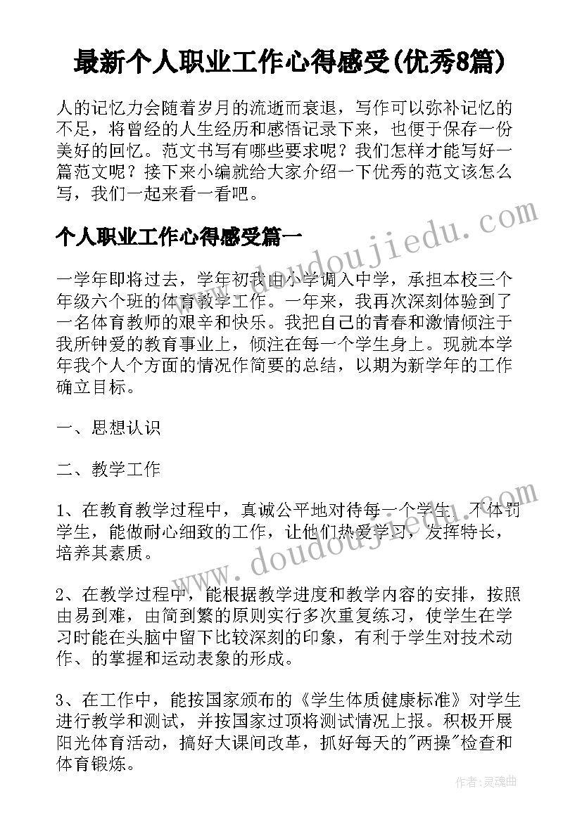 最新个人职业工作心得感受(优秀8篇)