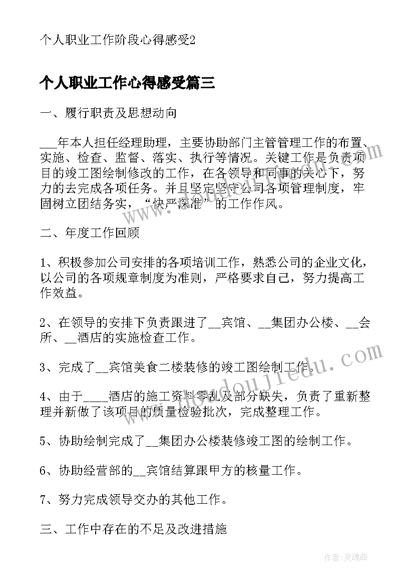 最新个人职业工作心得感受(优秀8篇)