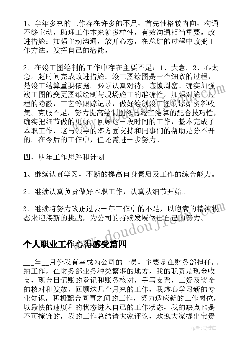 最新个人职业工作心得感受(优秀8篇)