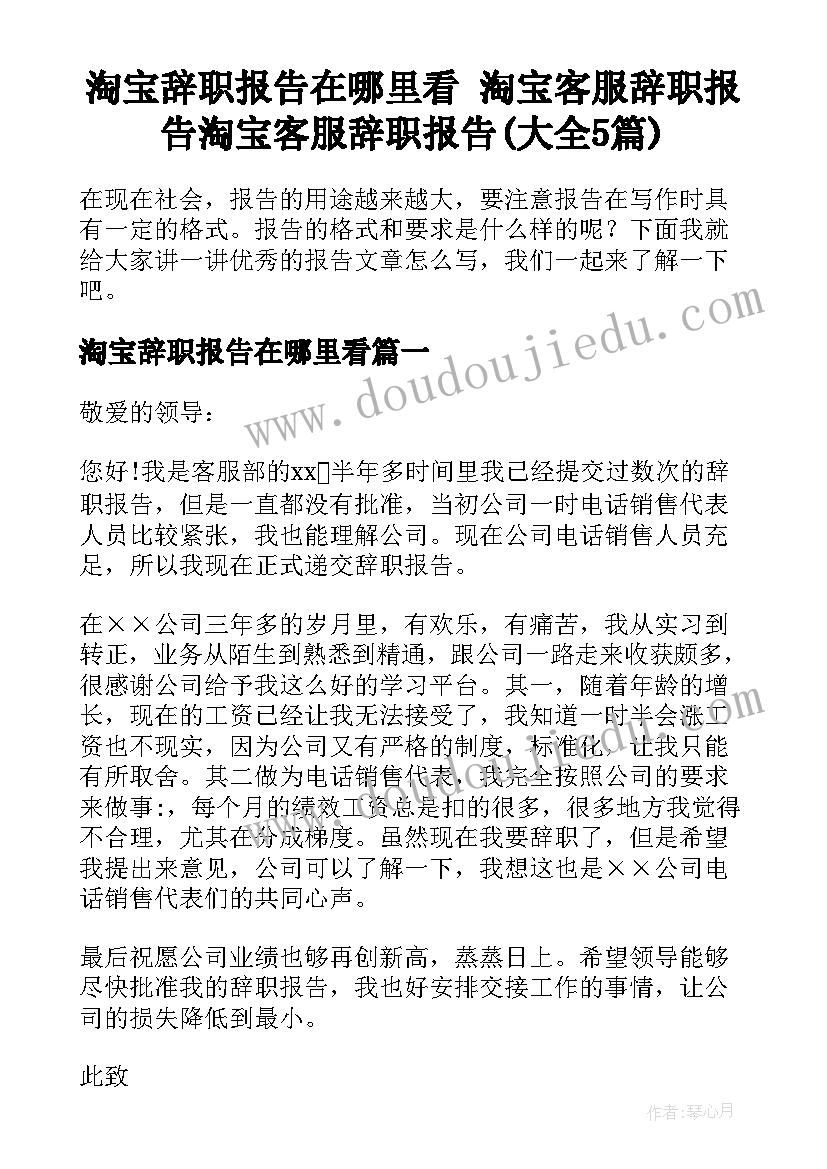 淘宝辞职报告在哪里看 淘宝客服辞职报告淘宝客服辞职报告(大全5篇)