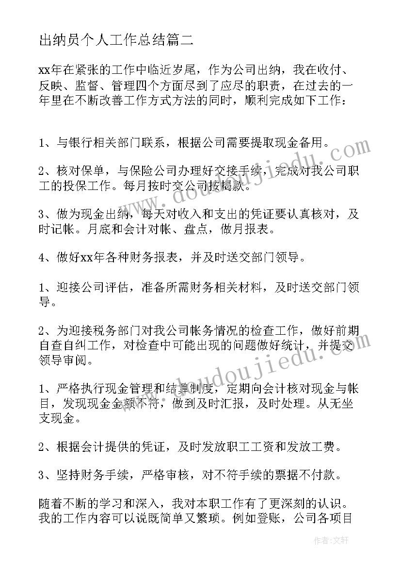 2023年出纳员个人工作总结(通用9篇)