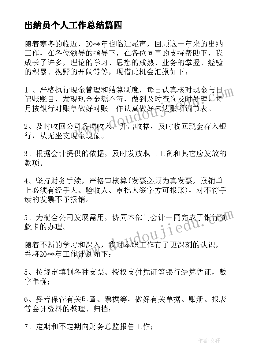 2023年出纳员个人工作总结(通用9篇)