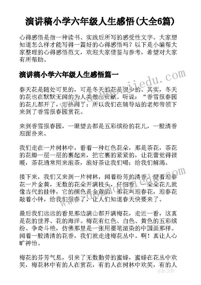 演讲稿小学六年级人生感悟(大全6篇)