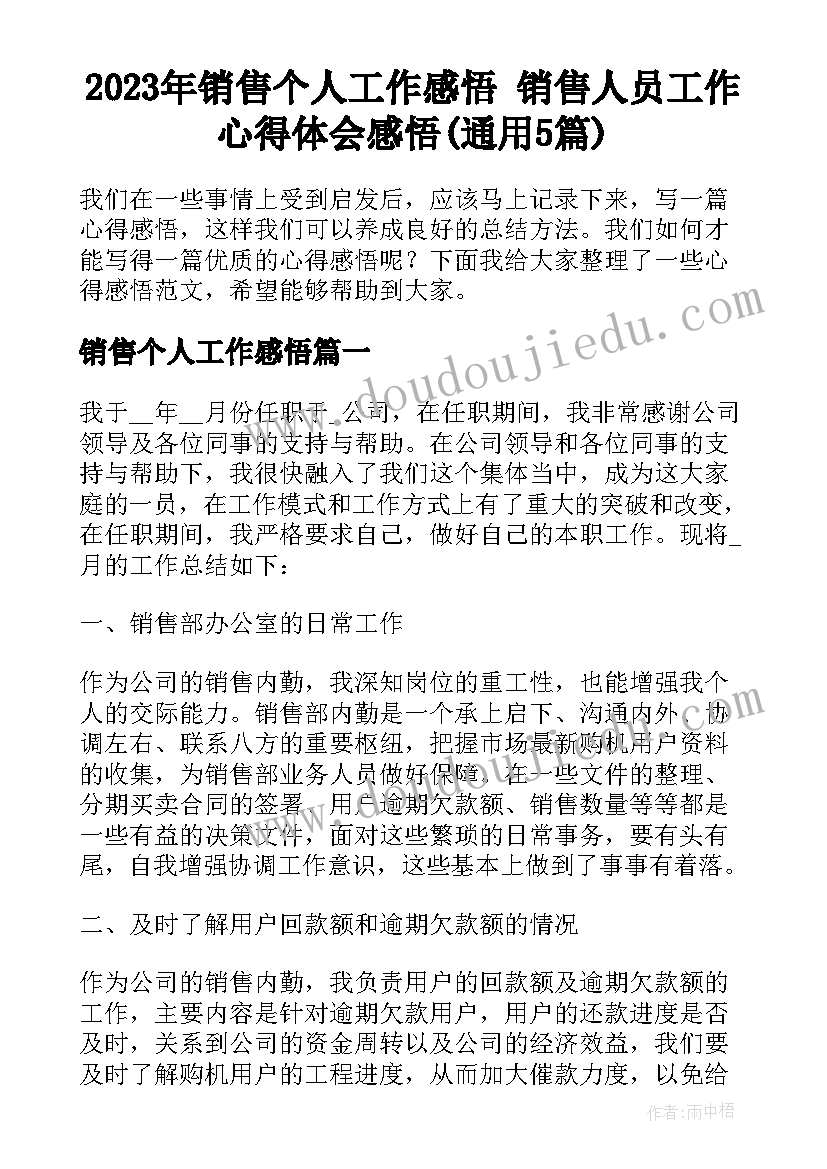 2023年销售个人工作感悟 销售人员工作心得体会感悟(通用5篇)