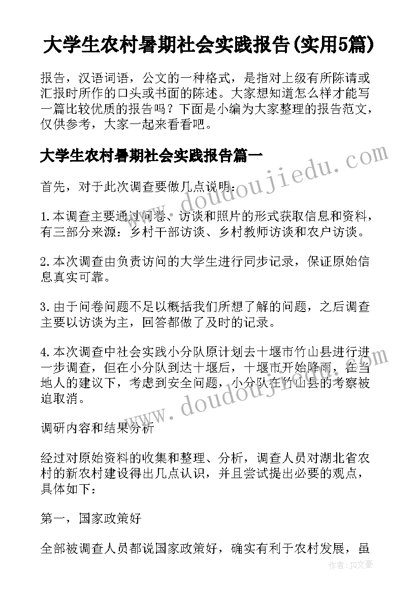 大学生农村暑期社会实践报告(实用5篇)