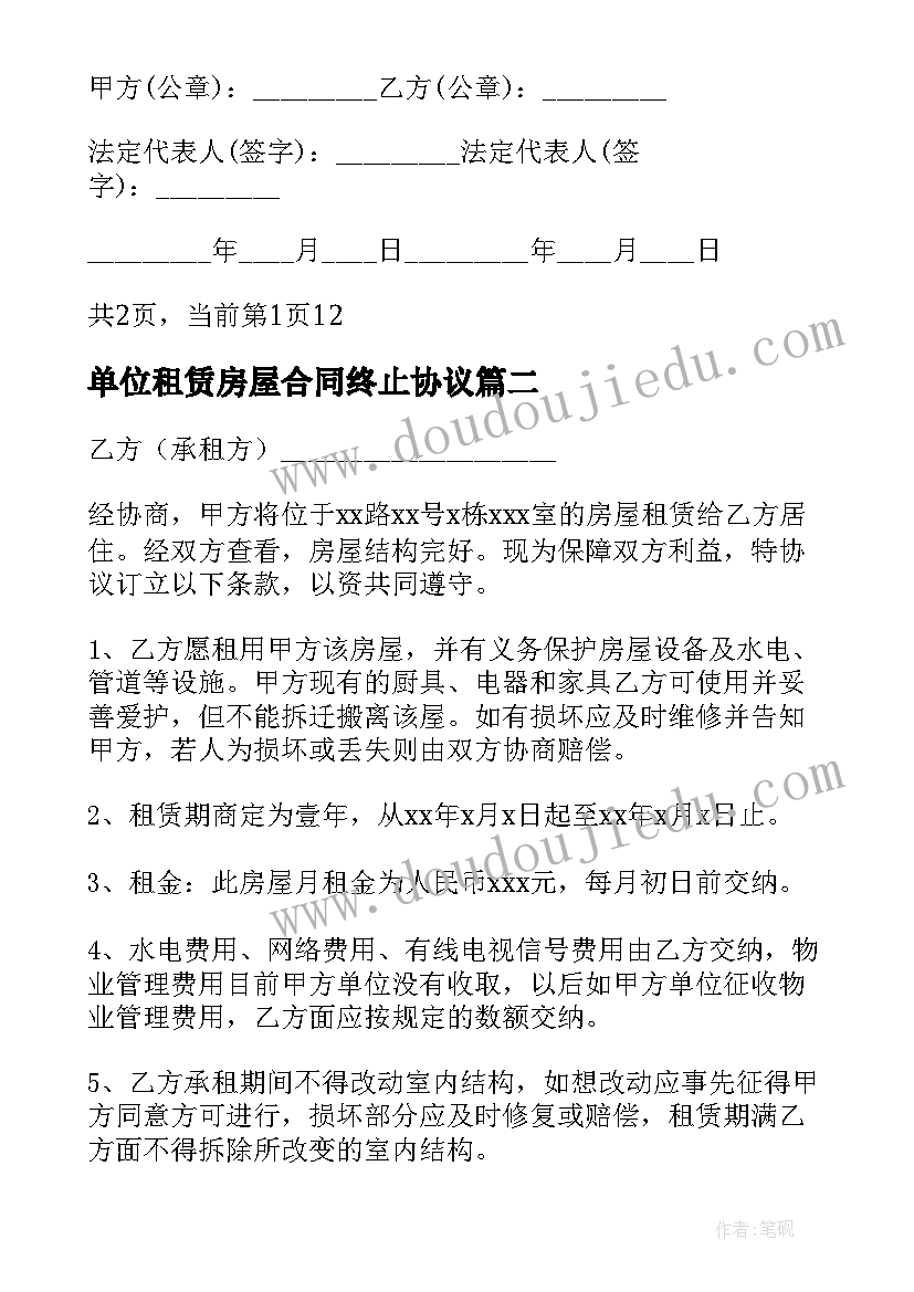 最新单位租赁房屋合同终止协议(模板6篇)