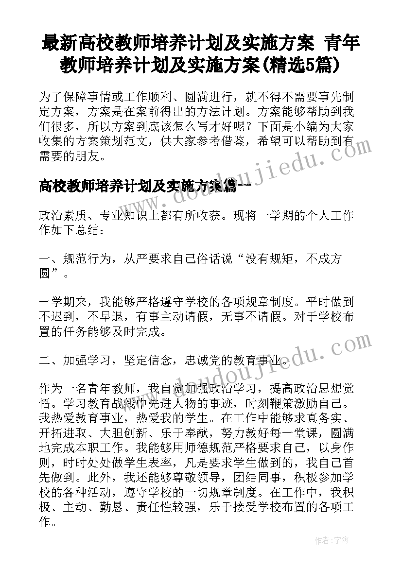 最新高校教师培养计划及实施方案 青年教师培养计划及实施方案(精选5篇)