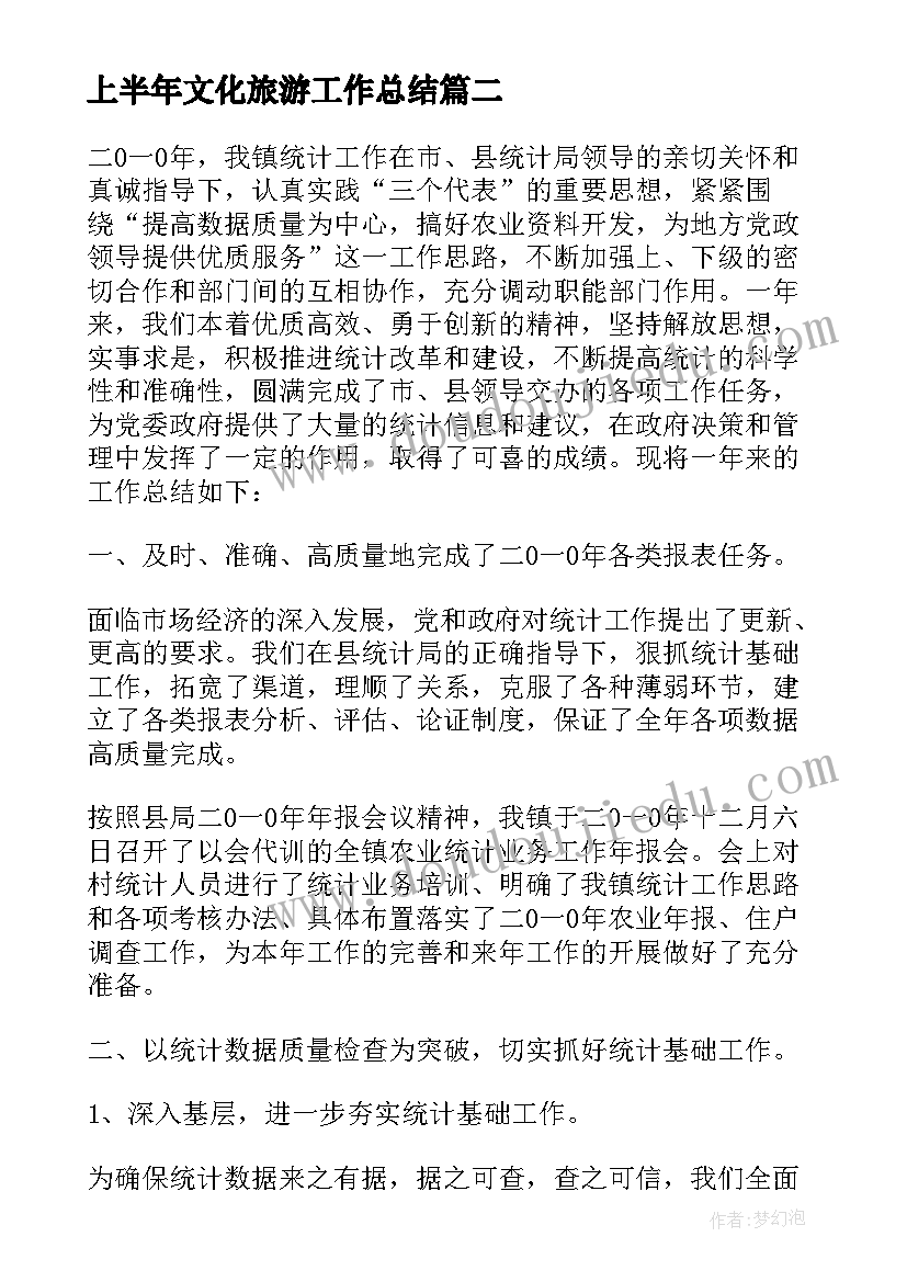 上半年文化旅游工作总结 上半年乡镇统计工作总结(精选10篇)