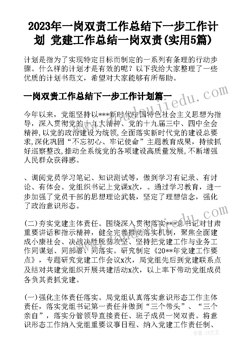 2023年一岗双责工作总结下一步工作计划 党建工作总结一岗双责(实用5篇)