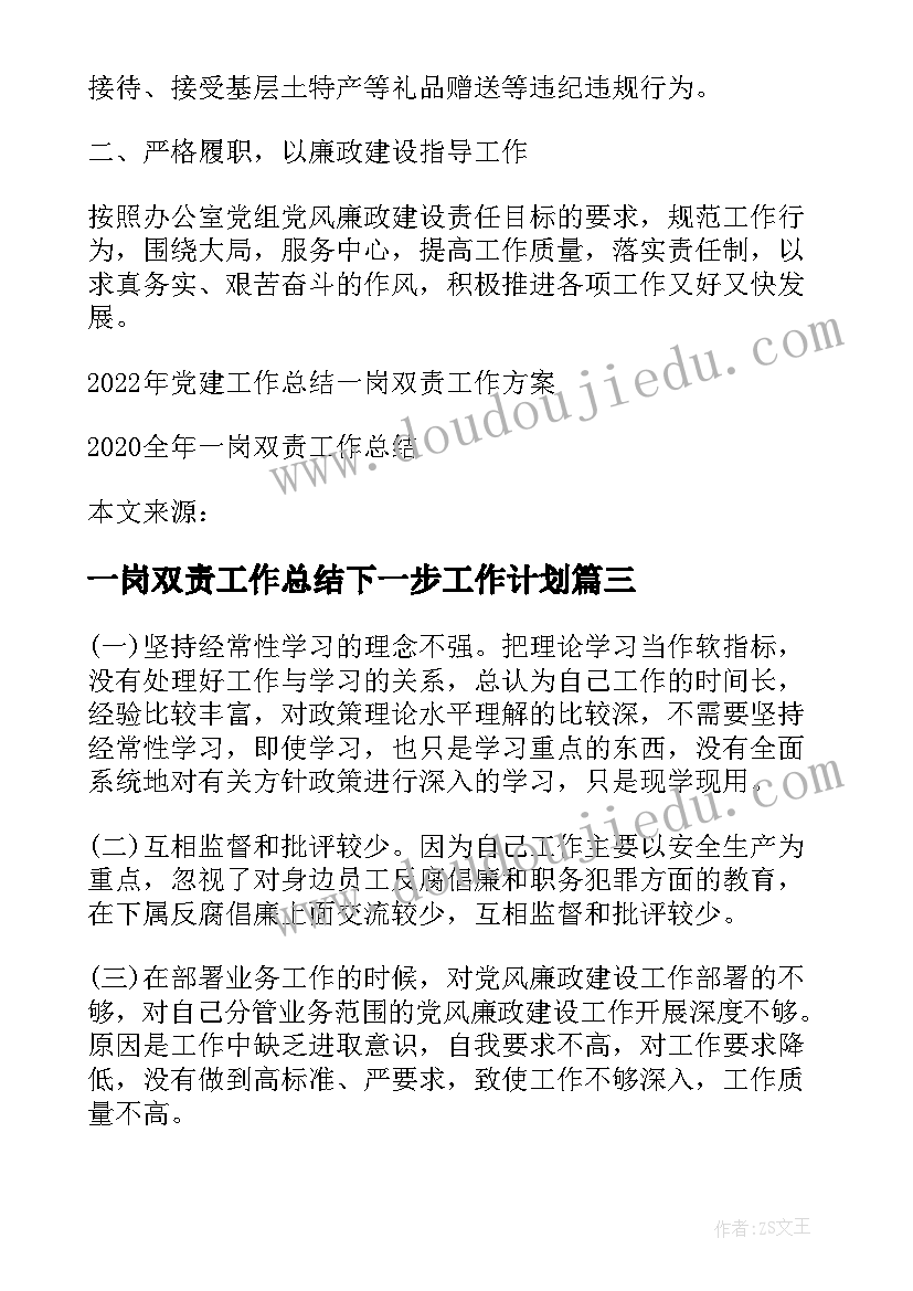 2023年一岗双责工作总结下一步工作计划 党建工作总结一岗双责(实用5篇)