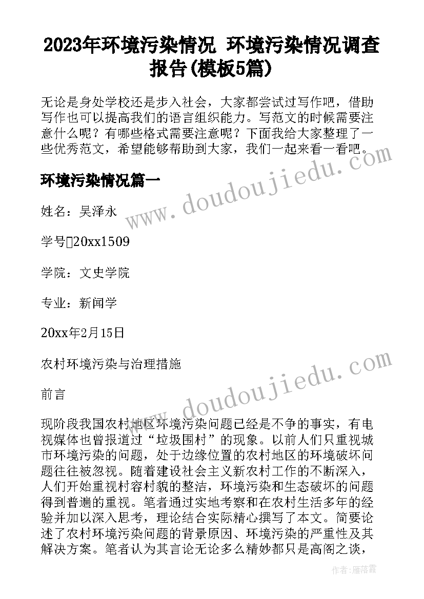 2023年环境污染情况 环境污染情况调查报告(模板5篇)