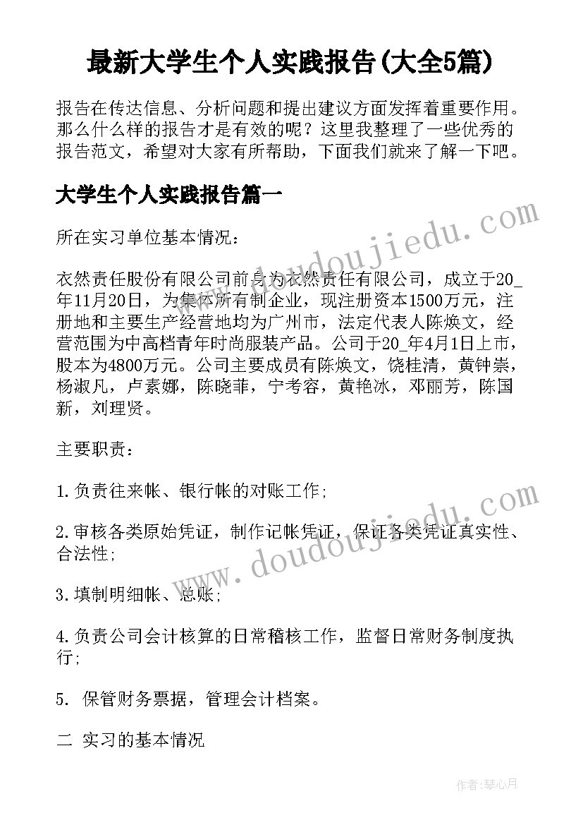 最新大学生个人实践报告(大全5篇)