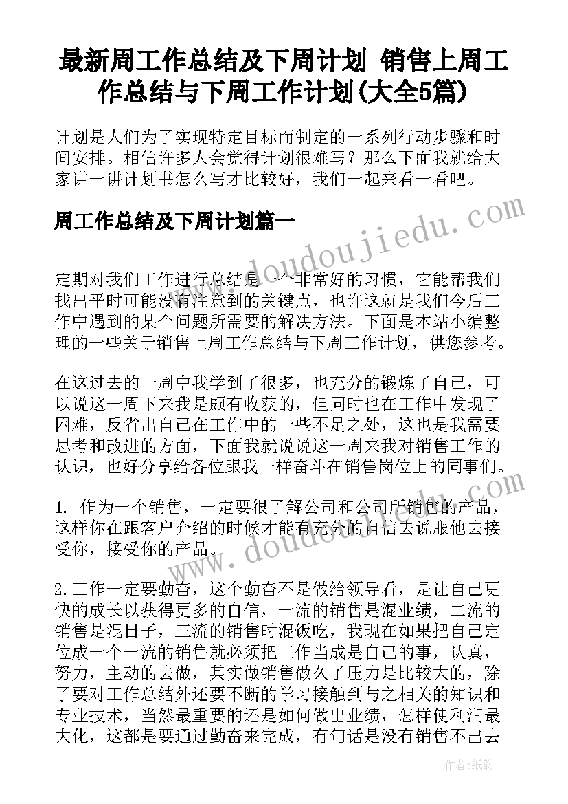 最新周工作总结及下周计划 销售上周工作总结与下周工作计划(大全5篇)