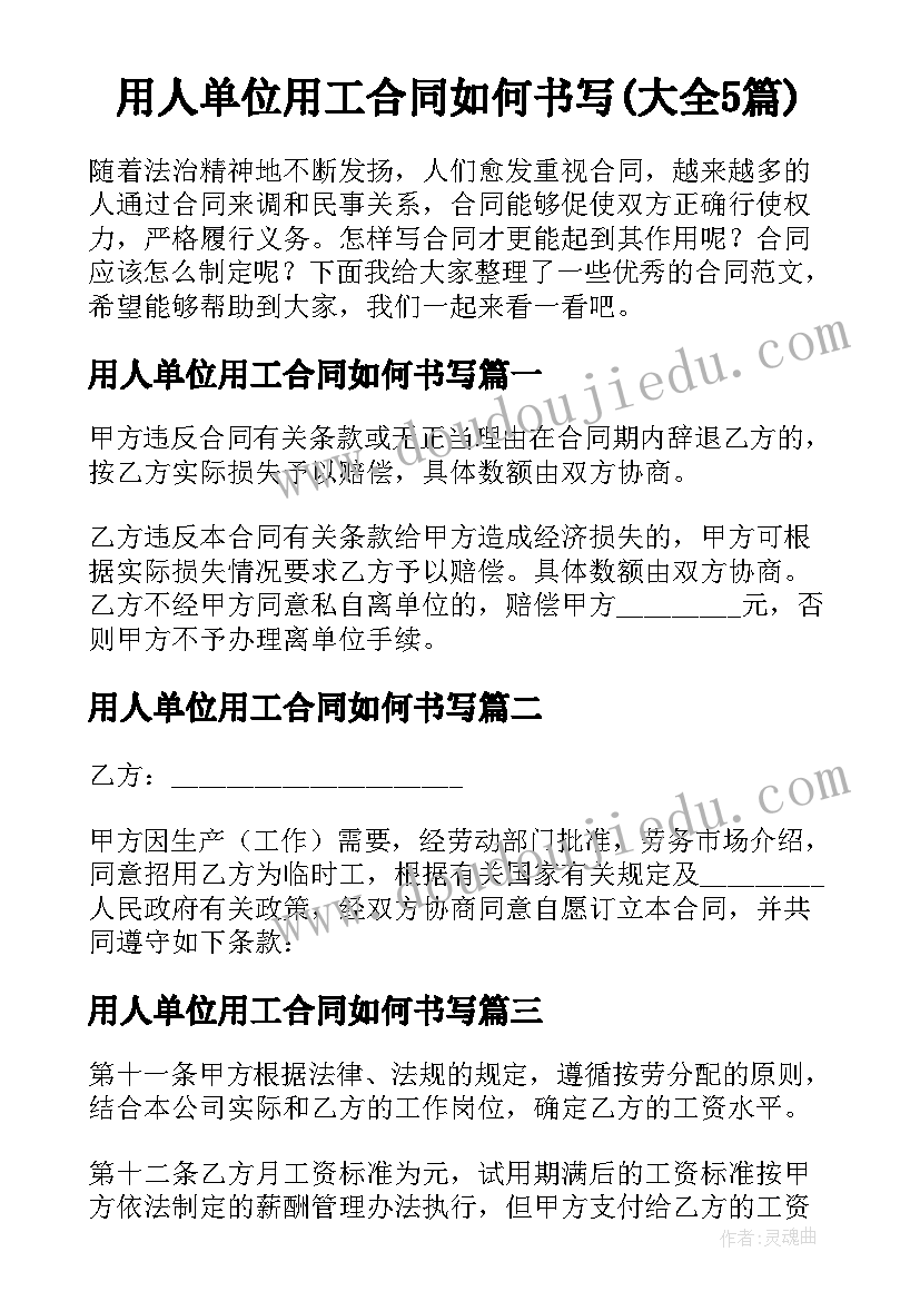 用人单位用工合同如何书写(大全5篇)