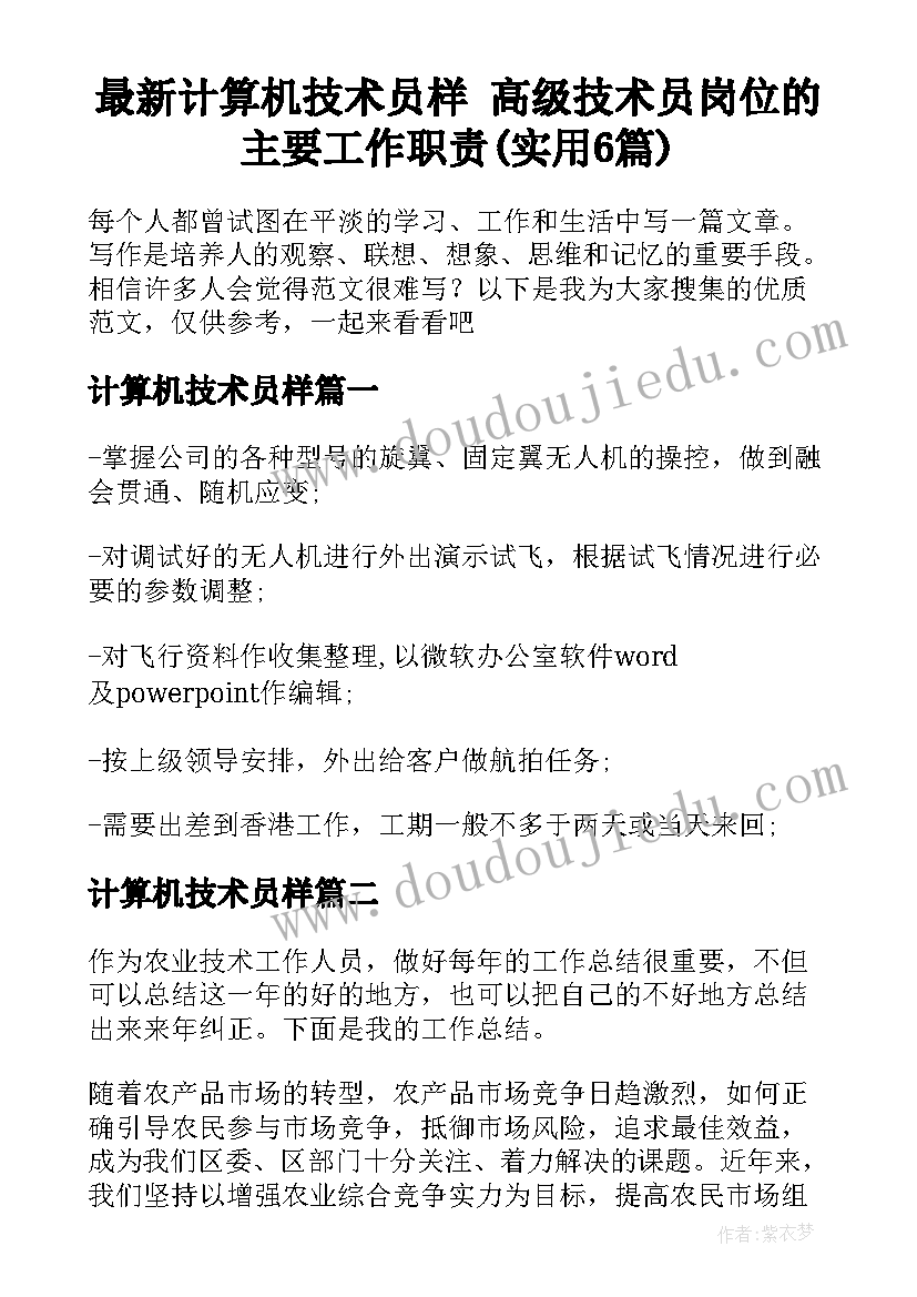 最新计算机技术员样 高级技术员岗位的主要工作职责(实用6篇)