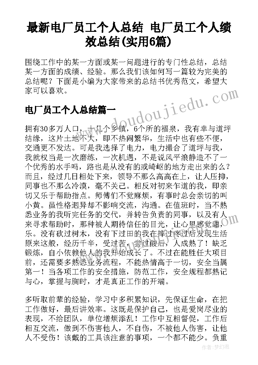 最新电厂员工个人总结 电厂员工个人绩效总结(实用6篇)