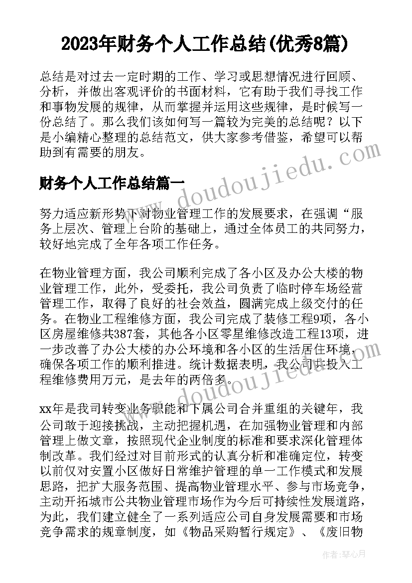 2023年财务个人工作总结(优秀8篇)