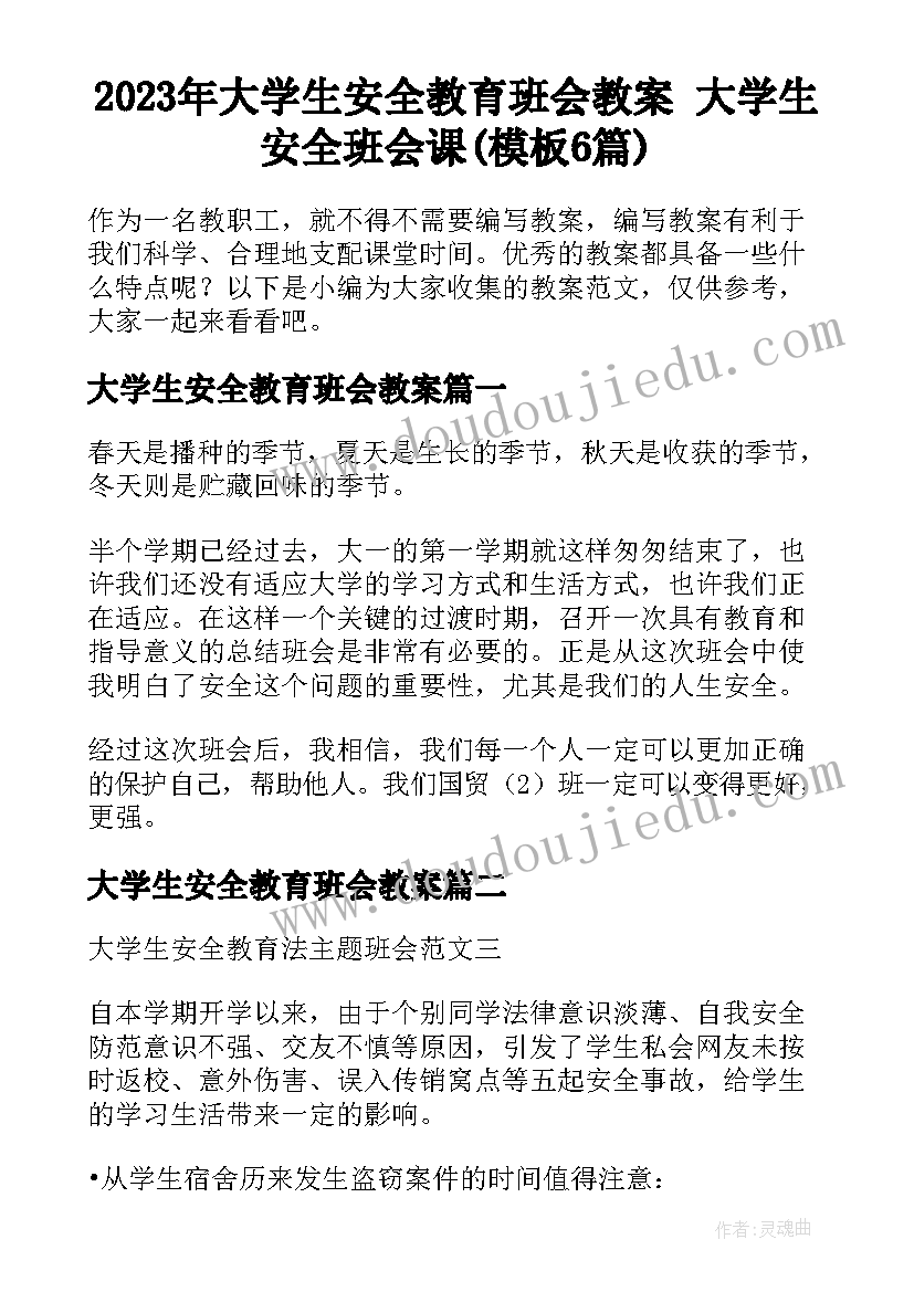 2023年大学生安全教育班会教案 大学生安全班会课(模板6篇)