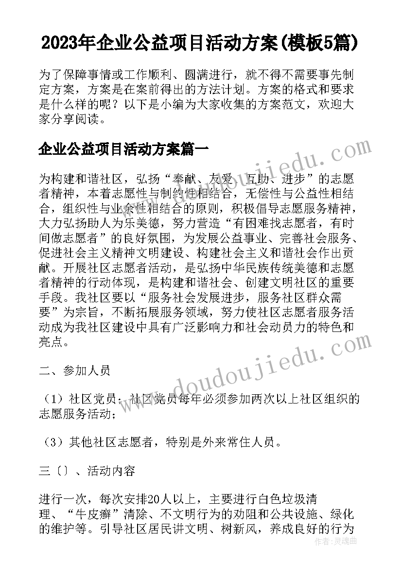 2023年企业公益项目活动方案(模板5篇)