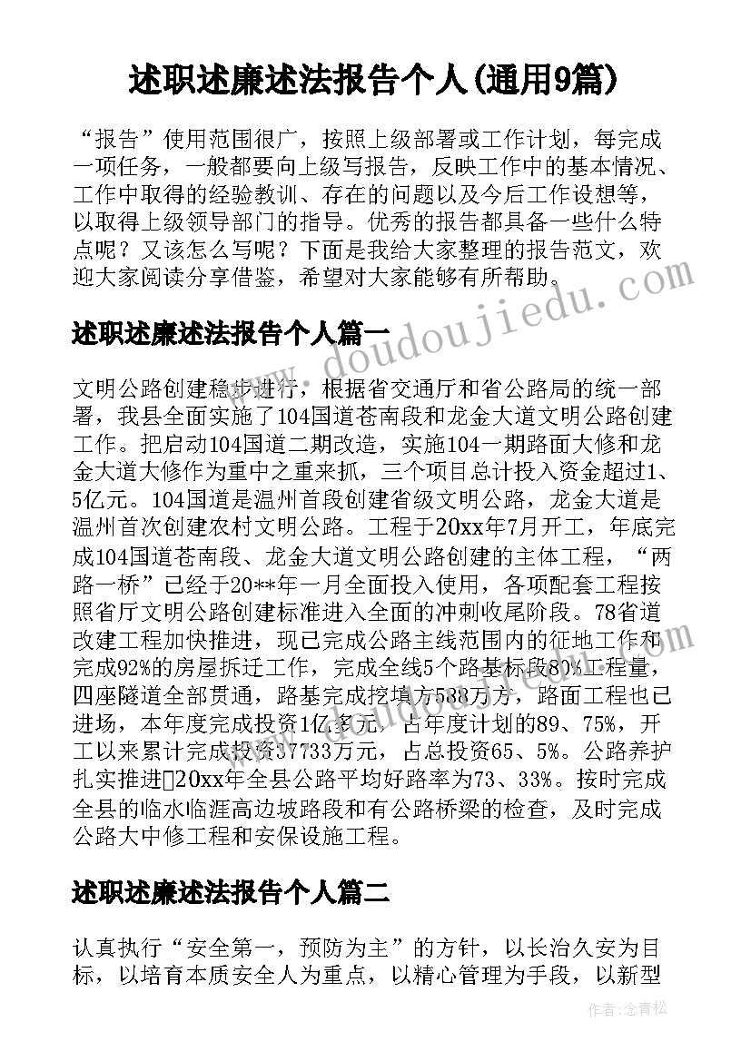 述职述廉述法报告个人(通用9篇)