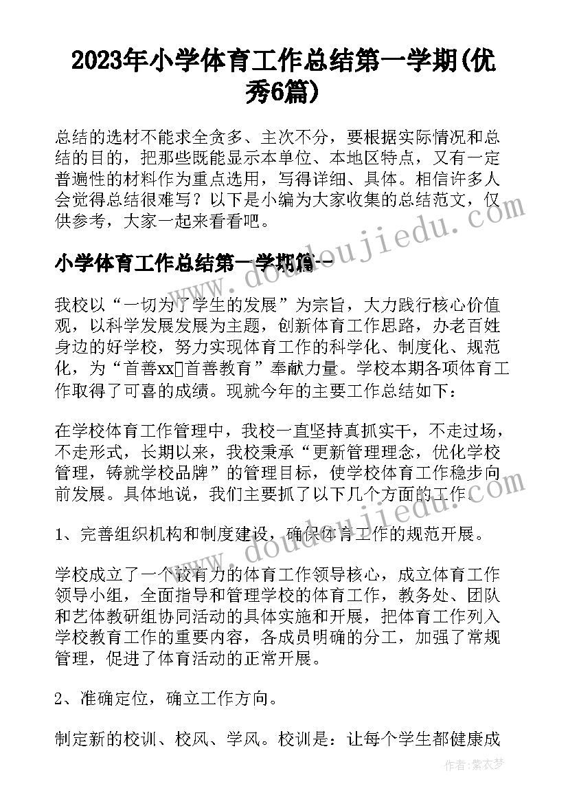 2023年小学体育工作总结第一学期(优秀6篇)