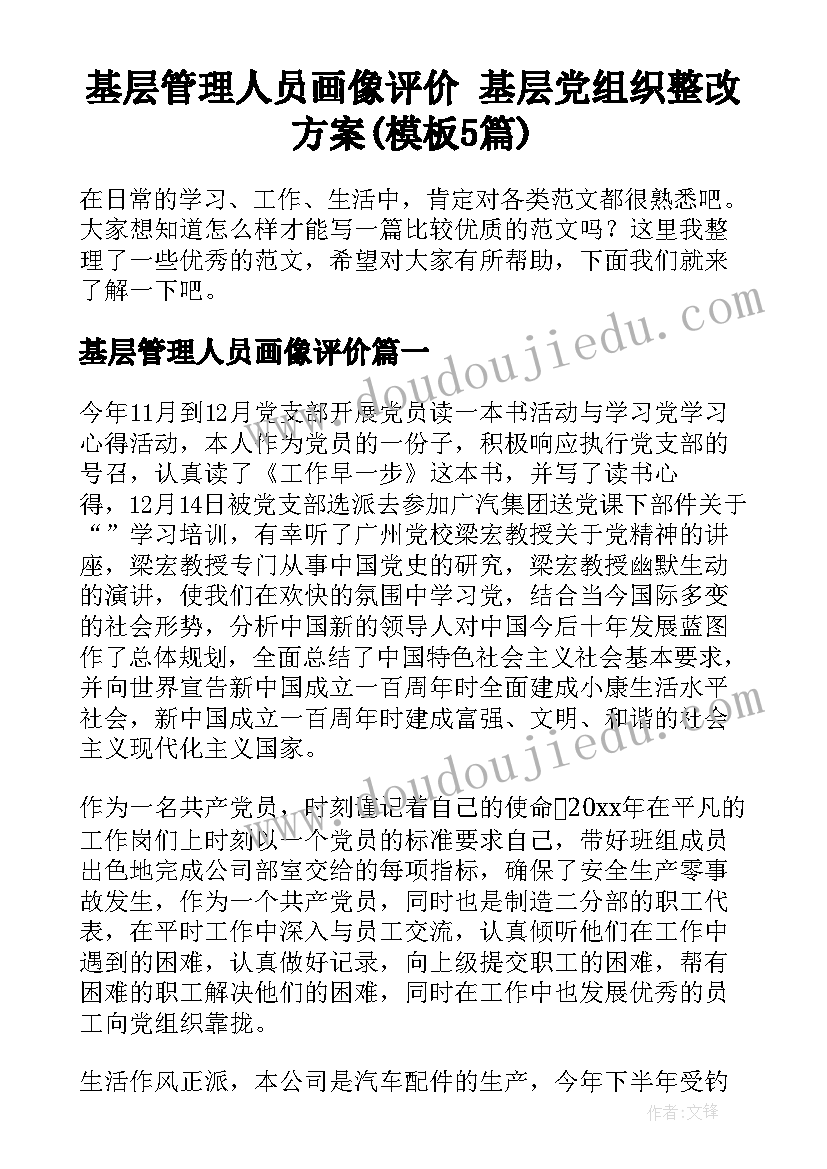 基层管理人员画像评价 基层党组织整改方案(模板5篇)