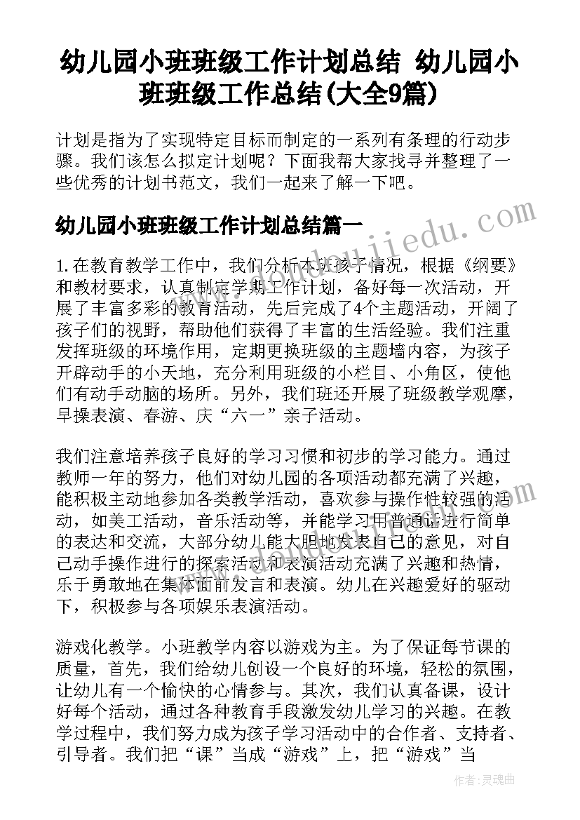 幼儿园小班班级工作计划总结 幼儿园小班班级工作总结(大全9篇)