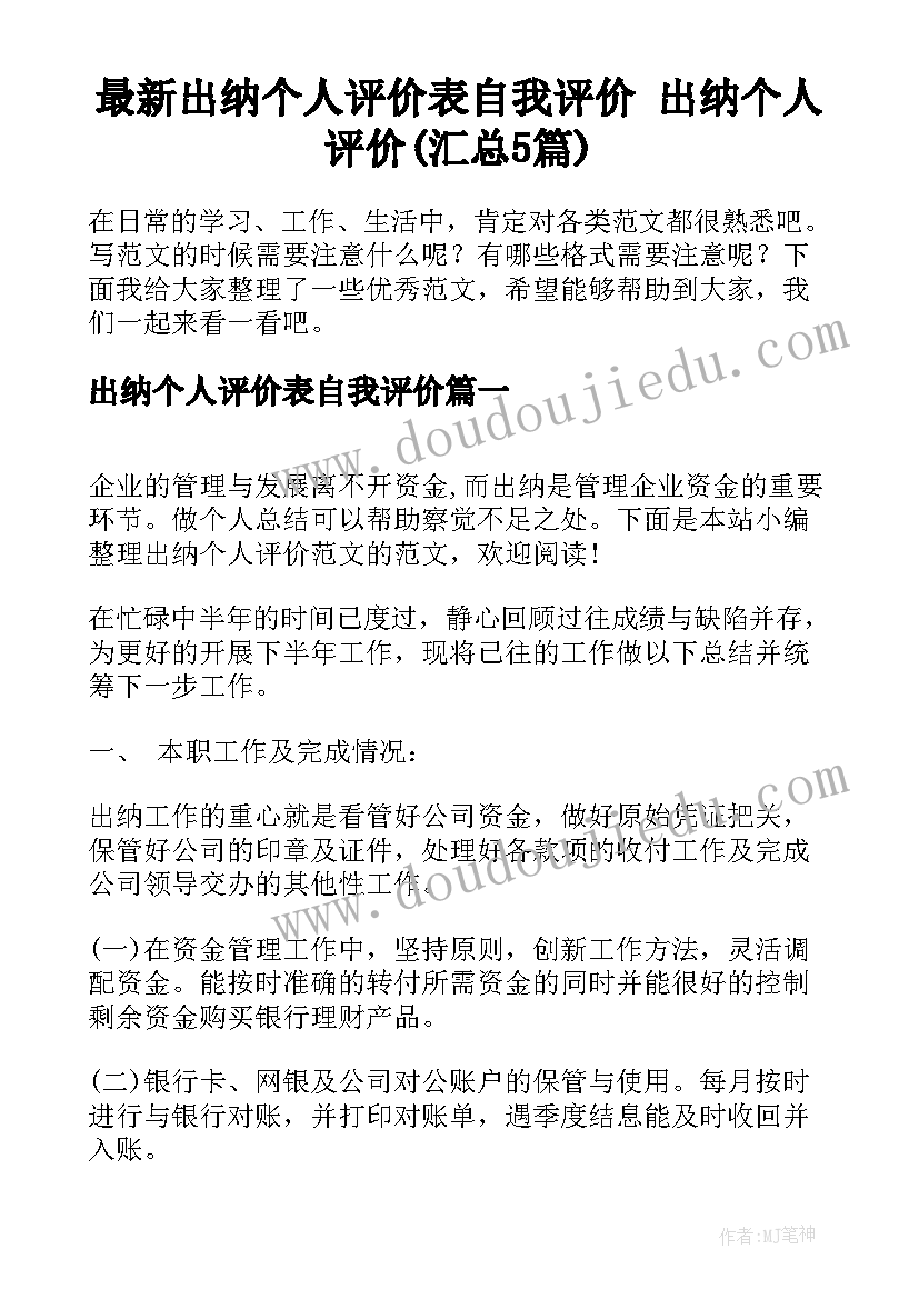 最新出纳个人评价表自我评价 出纳个人评价(汇总5篇)