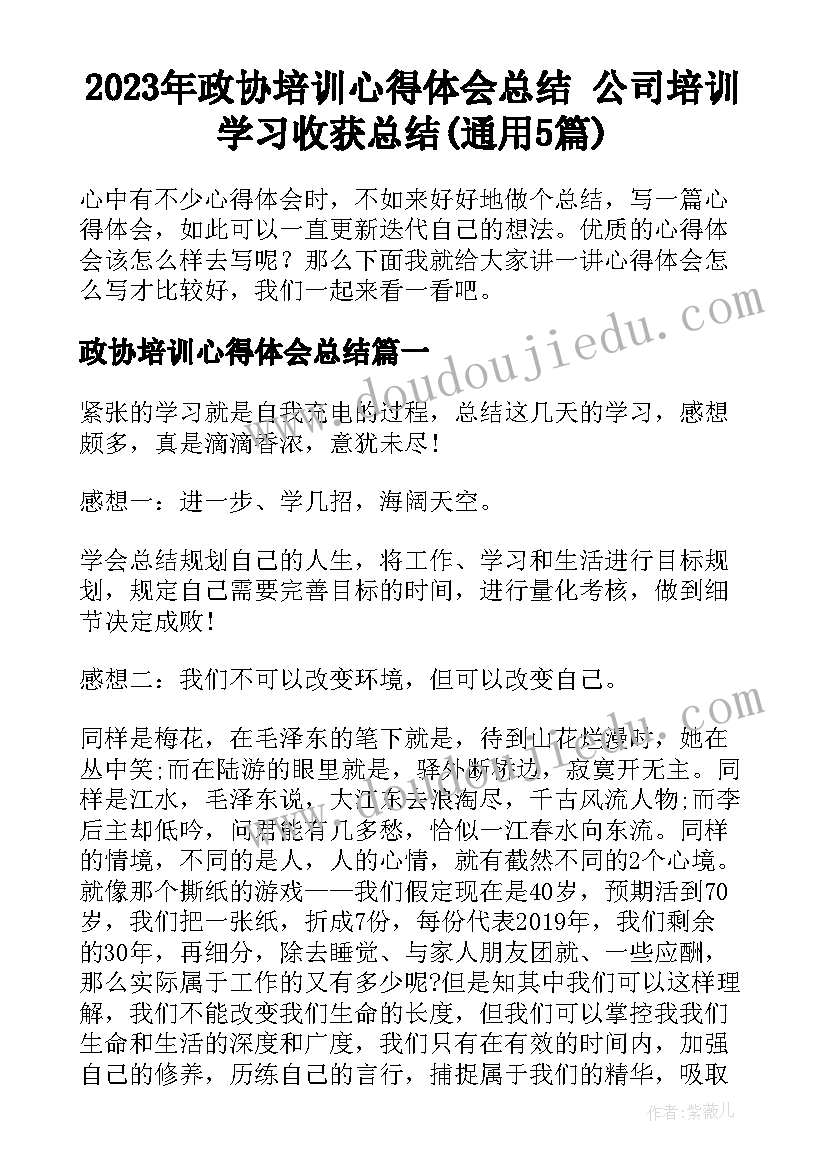 2023年政协培训心得体会总结 公司培训学习收获总结(通用5篇)